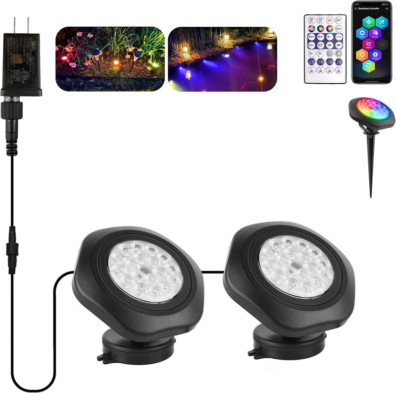T-SUN Color Changing Pond Lights LED Underwater APP and Remote Control Submersible Fountain Lights IP68 Waterproof Landscape Spotlight Fish Tank Light for Koi Pond Aquarium Garden (Set of 2) - Image 1